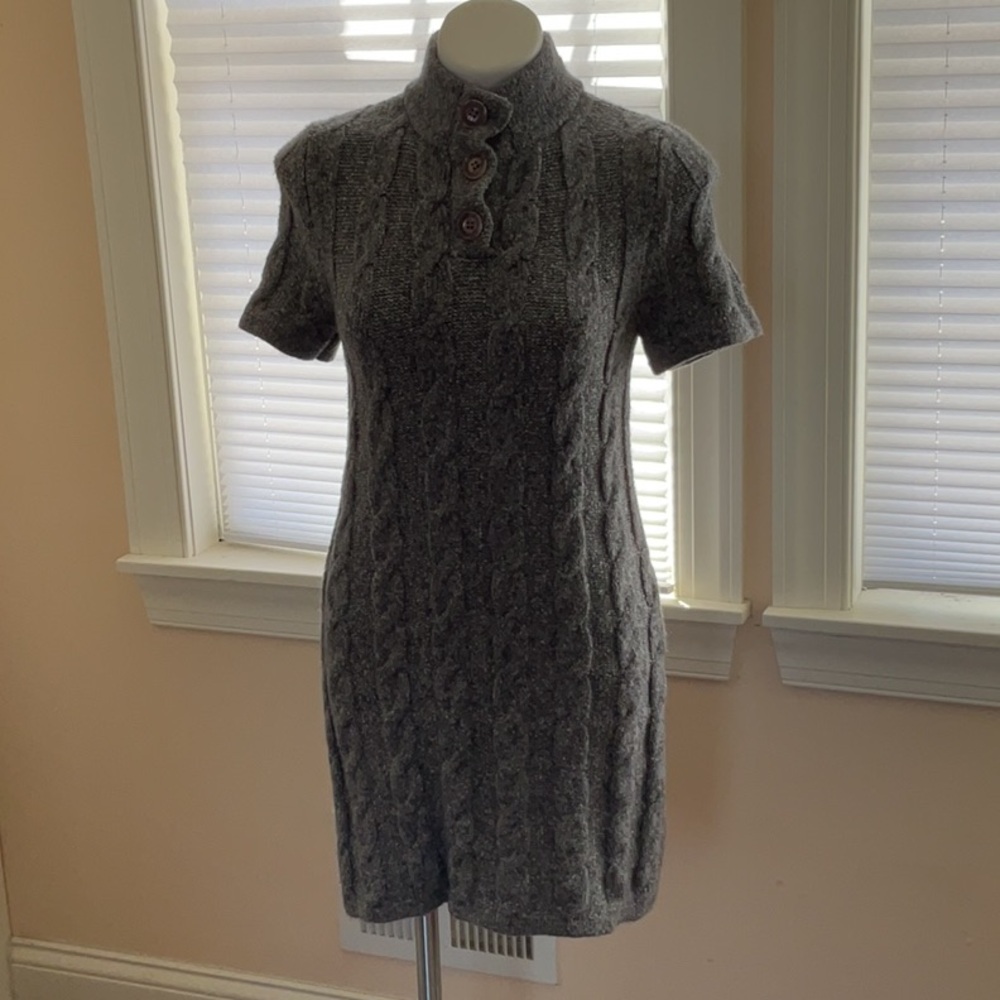 Gray Cable Knit Short Sleeve Sweater Dress